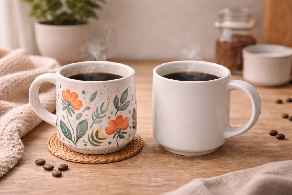 Original coffee mug design compared to generic drinkware
