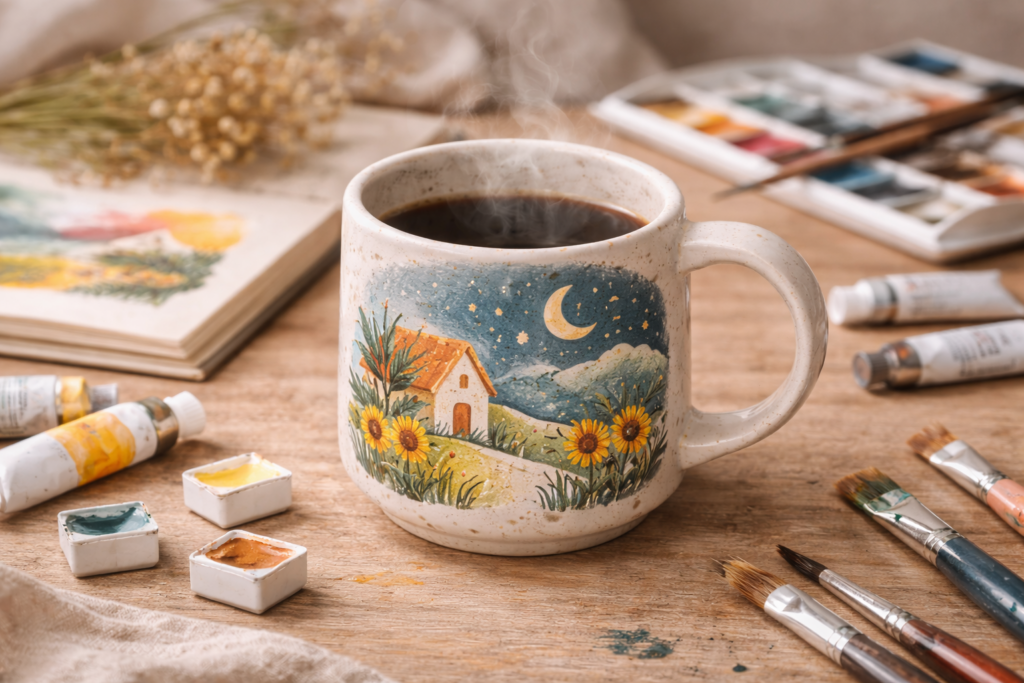 Creative coffee mug design with artistic character