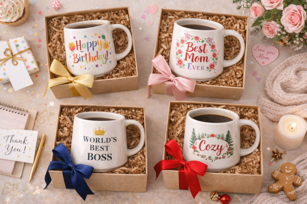 Original coffee mugs styled as thoughtful gifts for different occasions