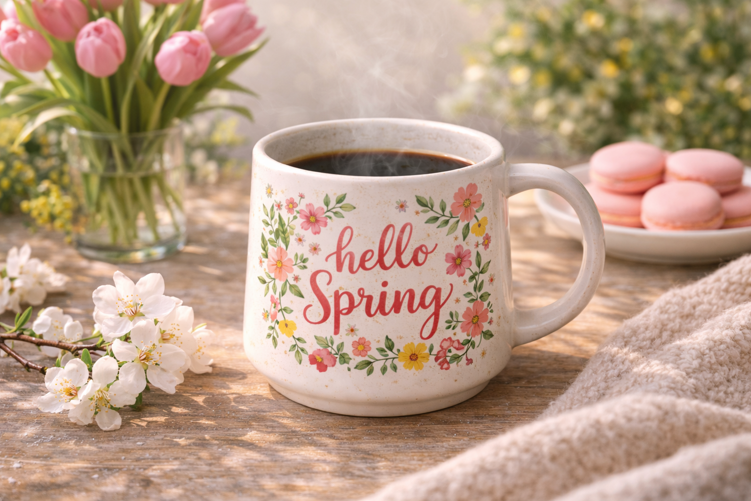 Seasonal coffee mug used in a calm everyday setting